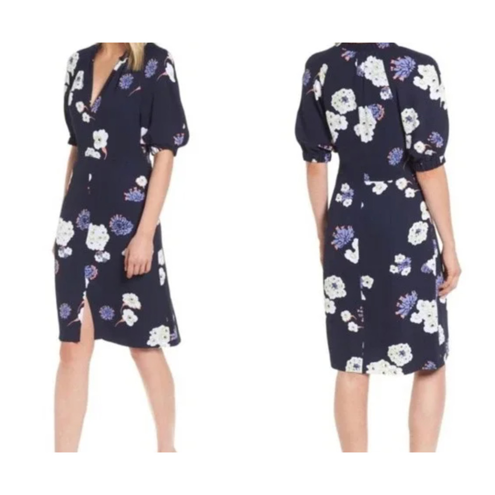 Lewit Size 6‎ Navy Blue Floral Dress Puff Half Sleeves Sheath Lined Split Hem